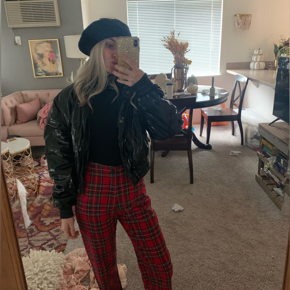 Cropped Holographic Black Pleather Puffer